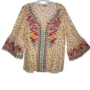 Savanna Jane Embroidered Boho Peasant  3/4 Bell Sleeve Top Women’s Size Medium